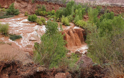 This Thursday, July 12, 2018 photo released by Benji Xie shows flooding from a waterfall on the Havasupai reservation in Supai, Ariz. About 200 tourists were being evacuated Thursday from a campground on tribal land near famous waterfalls deep in a gorge off the Grand Canyon. (Benji Xie via AP)