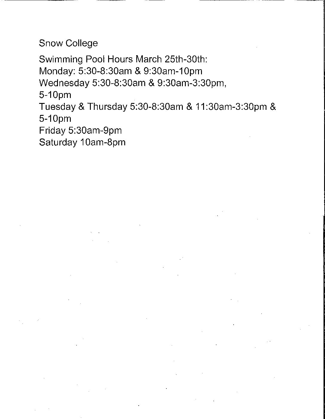 A.C Swimming Pool Schedule