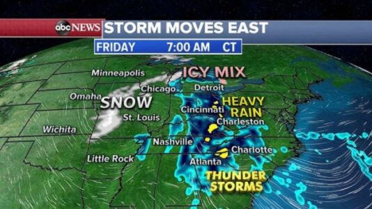 Storm system bringing snow, ice and thunderstorms from Heartland to East Coast