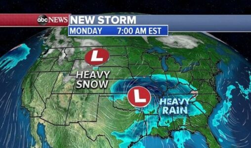 Twin storms moving across US with flooding rain, heavy snow