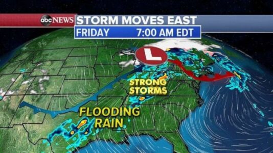 Storm moves east with damaging winds, flash flooding and threat for tornadoes