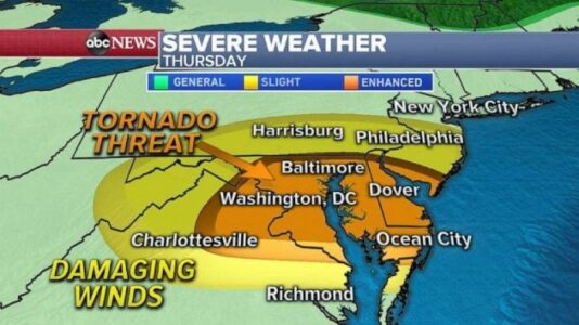 Tornadoes possible on East Coast Thursday as excessive heat continues in West
