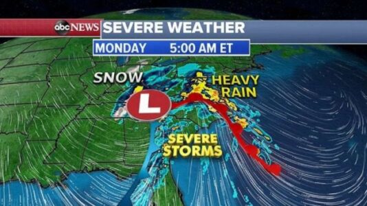 Major storm hitting eastern US with damaging winds, heavy rain and snow