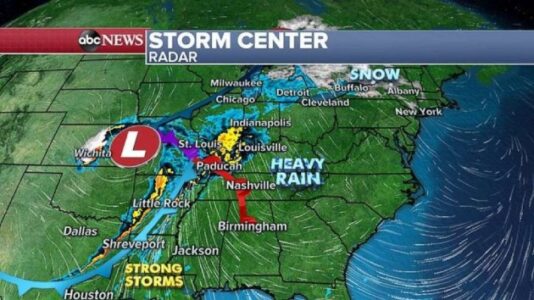 Large weather system in Central US moves East bringing strong storms