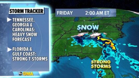 Storm moving east with severe weather and heavy snow for the South