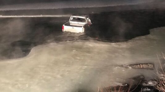 Man, two dogs rescued from truck partially submerged in icy river