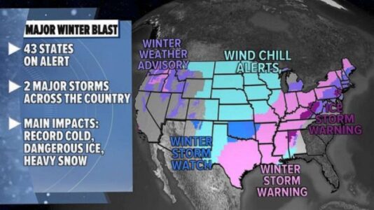Two storms moving across the country as historic cold blast hits Central US