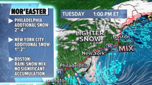 Nor’easter to linger through Tuesday with more snow expected along I-95 corridor