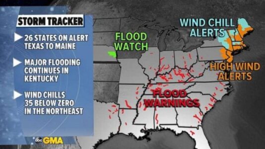 Major flooding continues in South as Northeast hit with cold blast