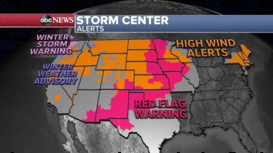 Storm brings winds, fire danger and flash flooding from Plains to the Gulf Coast