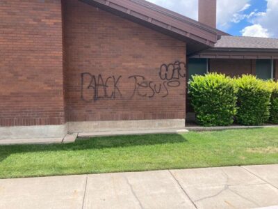 Church of Jesus Christ of Latter-Day Saints chapel in Monroe tagged with graffiti