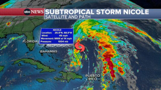 Subtropical Storm Nicole could become a hurricane when it nears Florida