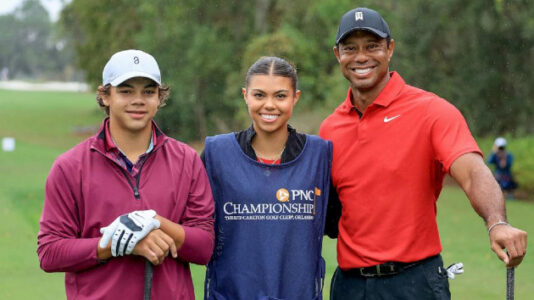 Tiger Woods’ daughter Sam serves as his caddie for first time