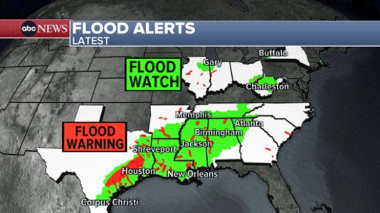 Floods threaten South and East as extremely dense fog affects millions across US