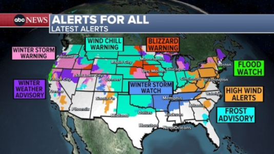 Almost every US state is under a weather alert as storms sweep across the country