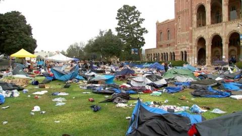 The remnants of an encampment are seen on the campus of UCLA in Los Angeles after a police raid led to the arrests of more than 100 pro-Palestinian protesters, Thursday, May 2, 2024. Via KABC.