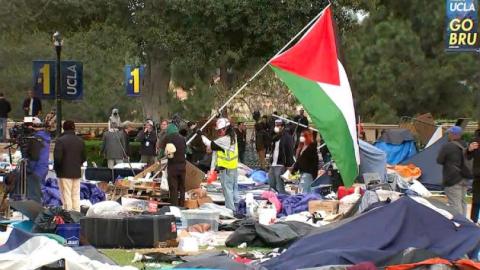 The remnants of an encampment are seen on the campus of UCLA in Los Angeles after a police raid led to the arrests of more than 100 pro-Palestinian protesters, Thursday, May 2, 2024. Via KABC.