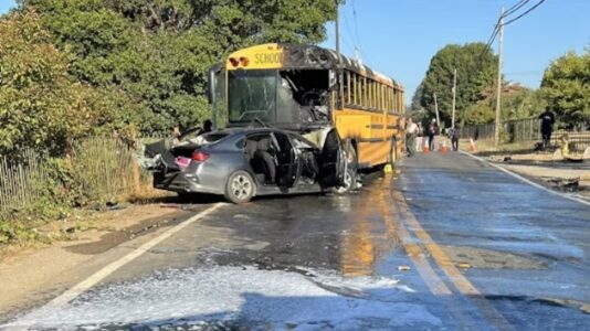 Two injured in fiery, head-on collision involving vehicle, school bus: Police
