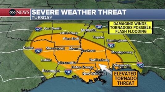 Major cross-country storm moves east, bringing severe thunderstorms to the South on Mardi Gras Day